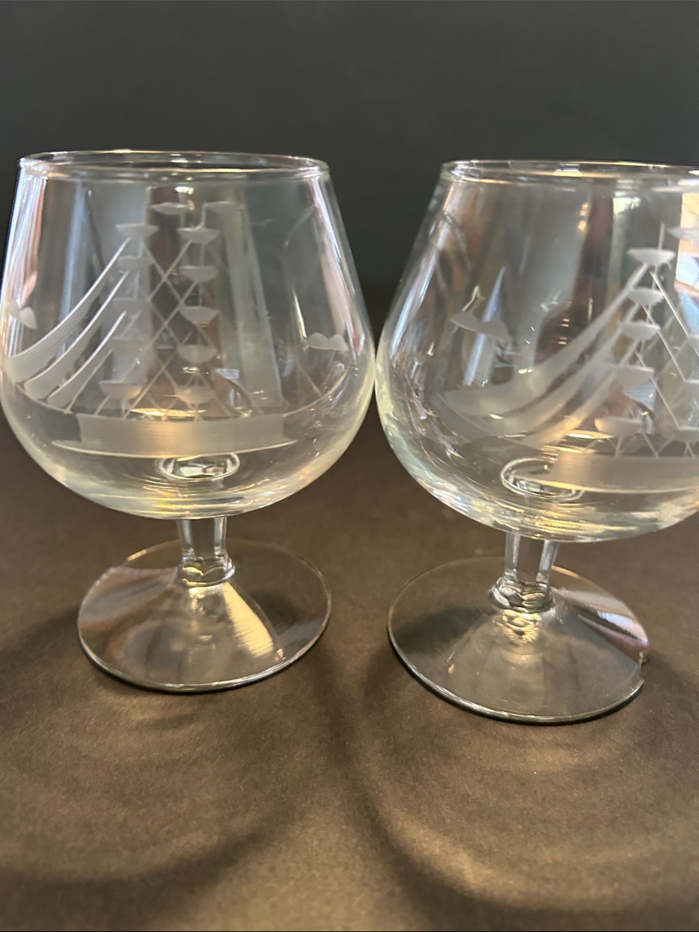 Vintage Etched Ship Brandy Snifters - Set of 2 - Clear Glass